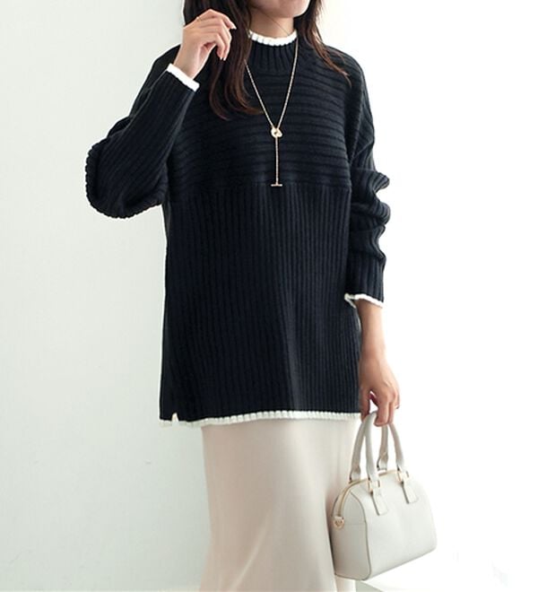 alotta（アロッタ）の「パチパチしにくい！洗えるリブ切替配色ニットプルオーバー（ニット・セーター）」｜詳細画像