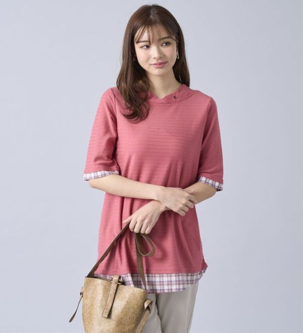 BELLUNA（ベルーナ）の「ひんやり冷感！タックジャカード素材重ね着風プルオーバー（カットソー）」｜詳細画像