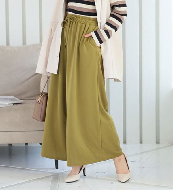 A HAPPY MARILYN（アハッピーマリリン）の「【Ｌ～８Ｌ】選べる身長別＆デザイン　ゆるっと楽ちん　ミニ裏毛　フレアスカート＆ワイドパンツ（ワイドパンツ・ガウチョ）」｜パンツ／オリーブ