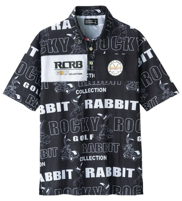 「＜ロッキーラビット＞総柄ビッグメッシュポロシャツ（メンズポロシャツ）」｜ブラック