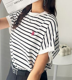 GeeRA（ジーラ）の「【新色追加】【ＵＳ．ＰＯＬＯ．ＡＳＳＮ】綿100％フレンチスリーブＴシャツ（Tシャツ）」｜白系ボーダー