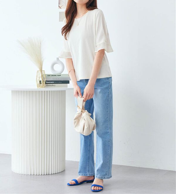 alotta（アロッタ）の「パール調ボタン付テレコリブトップス（カットソー）」｜詳細画像