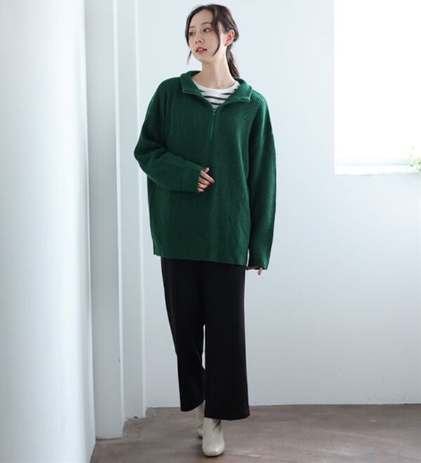 「【Ｌ～６Ｌ】配色＆同色ファスナーから選べる 畦編みハーフジップニット（ニット・セーター）」｜詳細画像