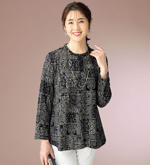 ルフラン（ルフラン）の「日本製ニットちりめんブラウス＜華蓮～かれん～＞（ブラウス）」｜幾何柄
