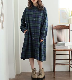 A HAPPY MARILYN（アハッピーマリリン）の「【ＬＬ～８Ｌ】フランネル チェック 細魅せ シャツワンピース（シャツワンピース）」｜グリーン系