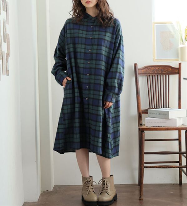 LL～8L】フランネル チェック 細魅せ シャツワンピース - ベルーナ