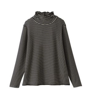 BELLUNA（ベルーナ）の「なめらか素材ハイネックボーダープルオーバー（カットソー）」｜黒&times;アイボリー