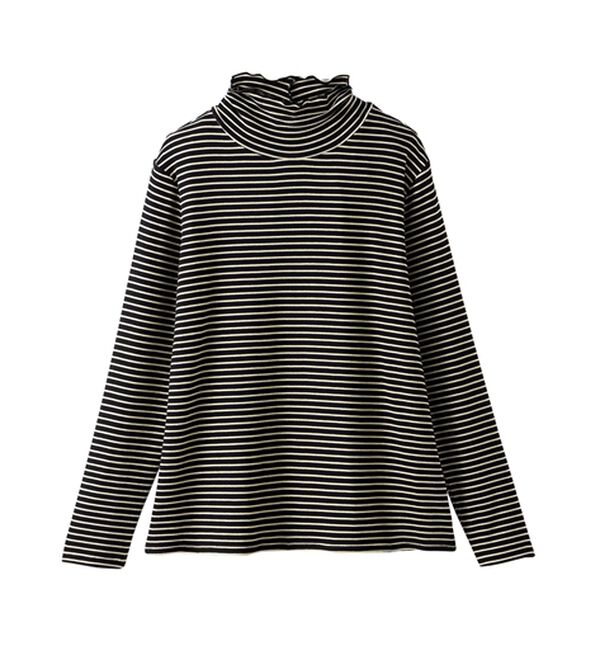 BELLUNA（ベルーナ）の「なめらか素材ハイネックボーダープルオーバー（カットソー）」｜黒&times;アイボリー