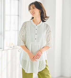 BELLUNA（ベルーナ）の「おしゃれに体型隠しレース切替チュニック（チュニック）」｜オフ白