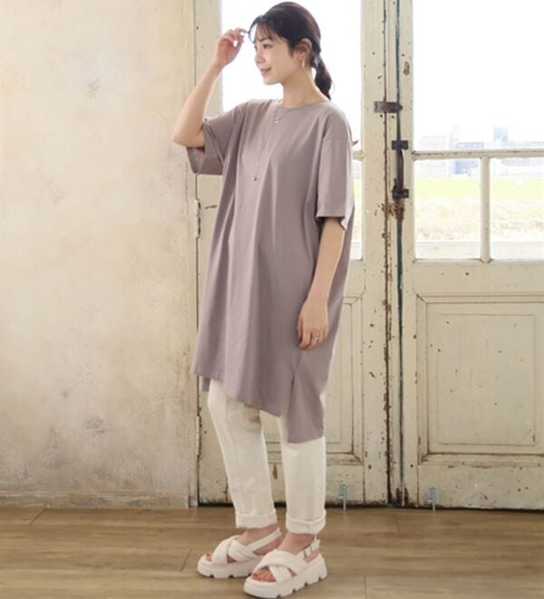 A HAPPY MARILYN（アハッピーマリリン）の「【Ｌ～１０Ｌ】選べる２丈！綿１００％ストンと楽ちん！着心地さらりゆるＴワンピース＆チュニック（チュニック）」｜詳細画像