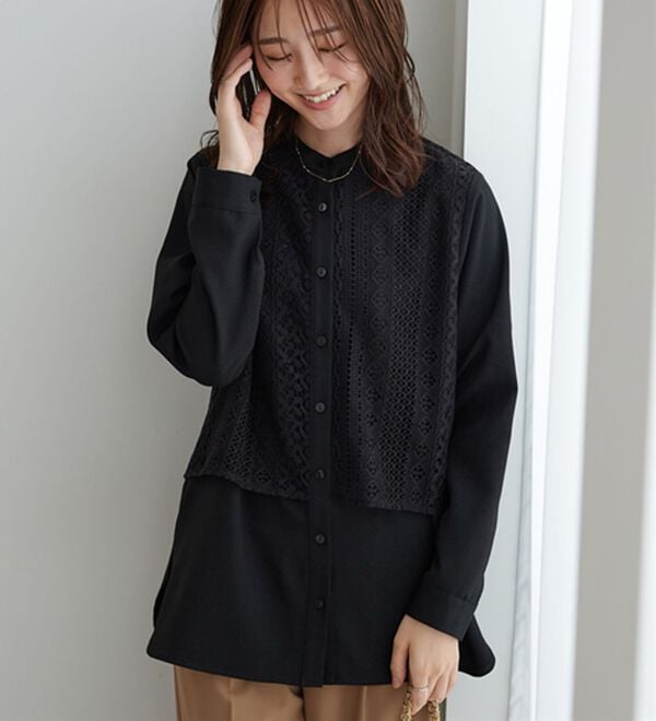 BELLUNA（ベルーナ）の「レース重ねシャツチュニック（チュニック）」｜黒