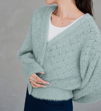 RANAN（ラナン）の「パール調ボタン付フェザーニットカーディガン（ニットカーディガン）」