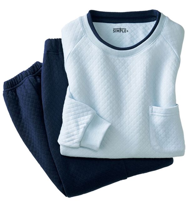 「＜シンプル＆プラス＞肌側綿１００％やわらかニットキルトパジャマ（メンズルームウェア）」｜ライトブルーセット