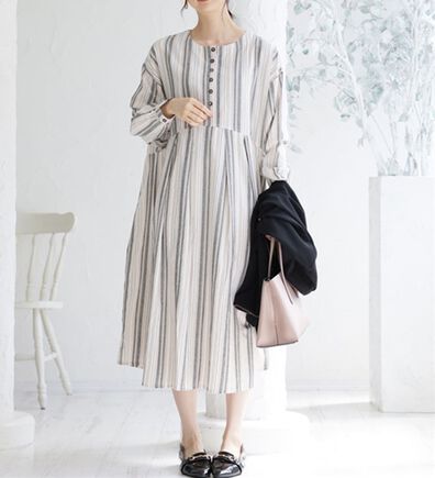 A HAPPY MARILYN（アハッピーマリリン）の「【Ｌ～６Ｌ】綿１００％さらりリラックス ゆったりシルエットのスッキリ柄 ストライプ マルチストライプコットンワンピ（ロングワンピース）」