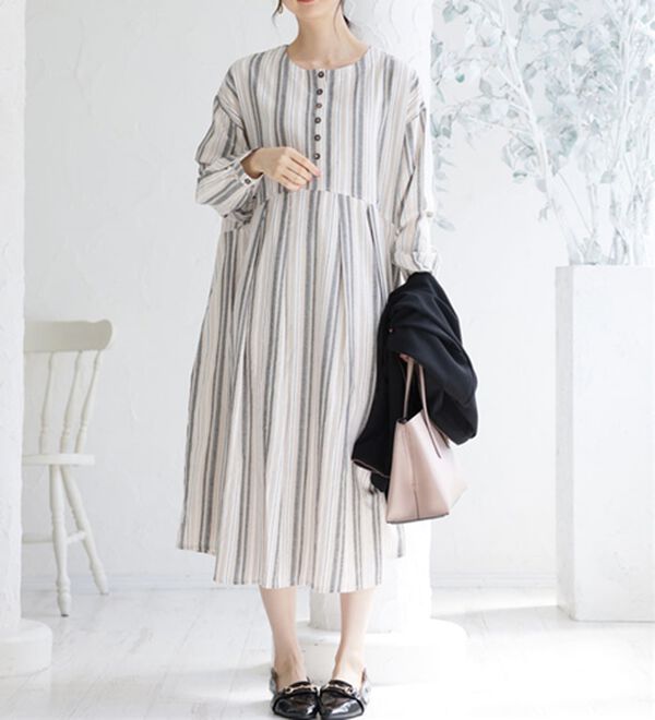 A HAPPY MARILYN（アハッピーマリリン）の「【Ｌ～６Ｌ】綿１００％さらりリラックス ゆったりシルエットのスッキリ柄 ストライプ マルチストライプコットンワンピ（ロングワンピース）」｜ベージュ系