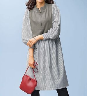 BELLUNA（ベルーナ）の「ハーフジップ使いストライプ切替ワンピース（チュニック）」｜詳細画像