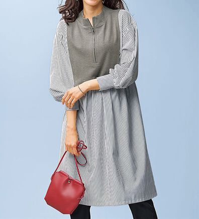 BELLUNA（ベルーナ）の「ハーフジップ使いストライプ切替ワンピース（チュニック）」