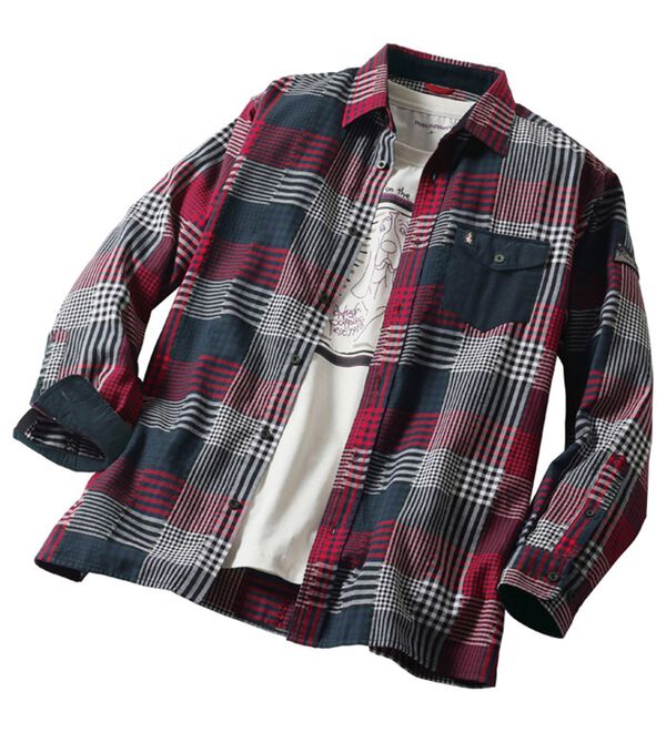 「＜ハッシュパピー＞コットン１００％パッチワーク風シャツ（メンズシャツ）」｜詳細画像