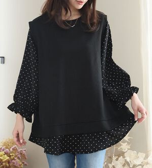 A HAPPY MARILYN（アハッピーマリリン）の「【Ｌ～６Ｌ】華奢魅せ&times;お洒落さっと着てパッと可愛い１枚で完成ドッキングトップス（カットソー）」｜ブラック&times;ドット