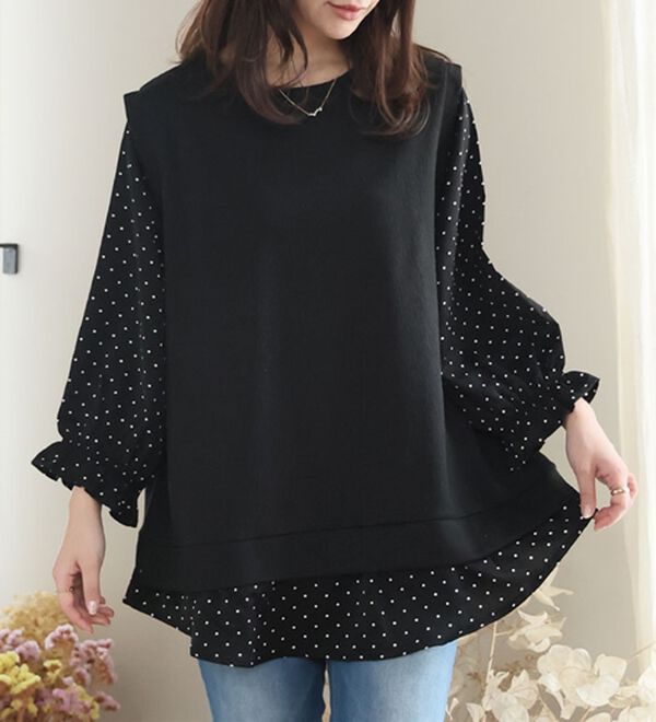 A HAPPY MARILYN（アハッピーマリリン）の「【Ｌ～６Ｌ】華奢魅せ&times;お洒落さっと着てパッと可愛い１枚で完成ドッキングトップス（カットソー）」｜ブラック&times;ドット