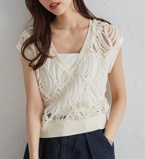 RANAN（ラナン）の「【前後２ＷＡＹ】シアー刺しゅうベスト（ベスト）」｜詳細画像