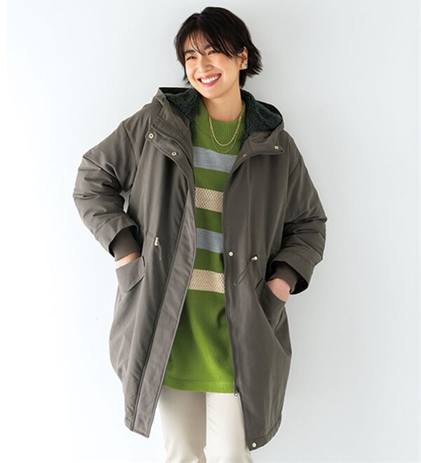 BELLUNA（ベルーナ）の「フード付裏ボア　ロング丈モッズコート（ロングコート）」｜チャコール