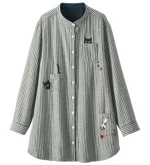 BELLUNA（ベルーナ）の「裏フリース素材ネコ刺しゅうシャツチュニック（チュニック）」｜ストライプ