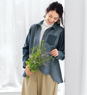 BELLUNA（ベルーナ）の「ナチュラルクールなデニム調切替ジャケット（シャツ）」｜ネイビー