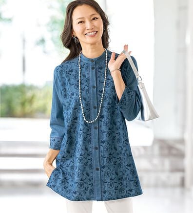 BELLUNA（ベルーナ）の「＜カジュアルを大人に着こなす！＞綿１００％デニム素材刺しゅうチュニック（チュニック）」