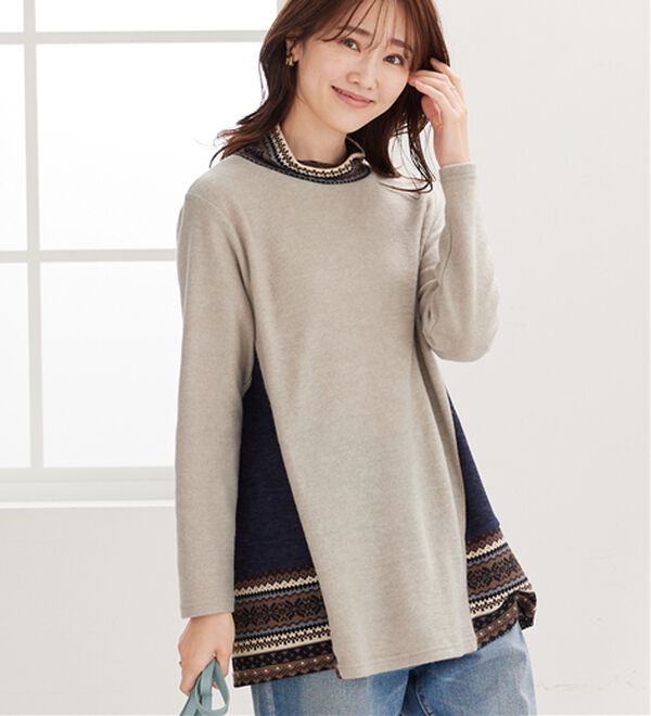 BELLUNA（ベルーナ）の「杢調サイド切替ノルディックチュニック（チュニック）」｜ライトベージュ
