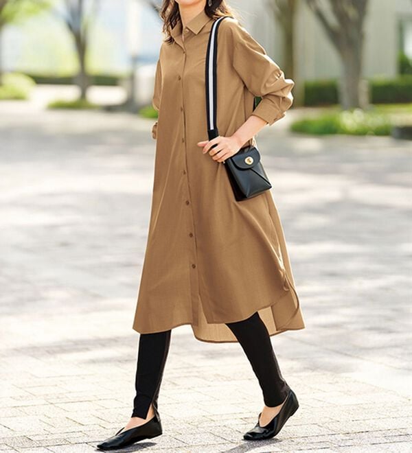 BELLUNA（ベルーナ）の「麻調シャツワンピース＆レギンスセット（アンサンブル）」｜詳細画像