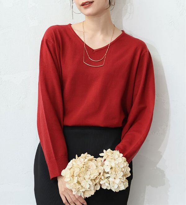A HAPPY MARILYN（アハッピーマリリン）の「【Ｌ～８Ｌ】フィット感軽減！Ｔシャツ感覚！もっちりやわらかＶネックニット（ニット・セーター）」｜詳細画像