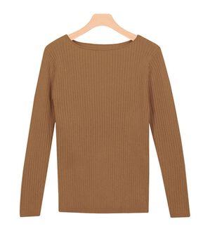 Pierrot（ピエロ）の「【選べるネック】華奢見え綿混リブニット（ニット・セーター）」｜キャメルオレンジ