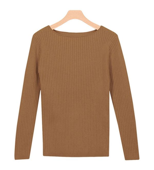 Pierrot（ピエロ）の「【選べるネック】華奢見え綿混リブニット（ニット・セーター）」｜キャメルオレンジ