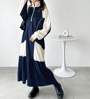 GeeRA（ジーラ）の「ハーフジップ配色ワンピース（カットソーワンピース）」｜ネイビー系