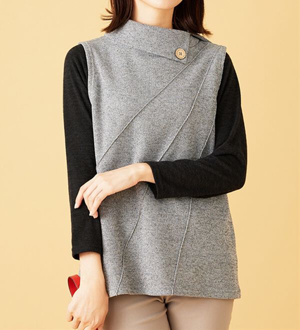 BELLUNA（ベルーナ）の「【2点セット】裏起毛素材衿デザインアンサンブル（アンサンブル）」｜杢グレー×黒