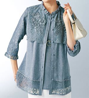 BELLUNA（ベルーナ）の「クリンプレース切替モチーフ使いアンサンブル（ノーカラージャケット）」｜ブルーグレー