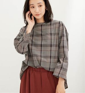 BELLUNA（ベルーナ）の「チェック柄フレアーシルエットブラウス（ブラウス）」｜ベージュ系チェック