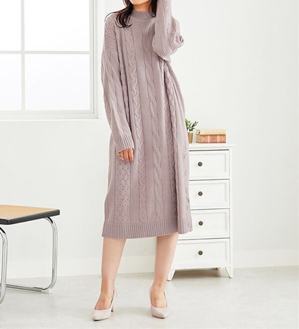 BELLUNA（ベルーナ）の「ケーブル柄ロング丈ニットワンピース（ニットワンピース）」｜詳細画像