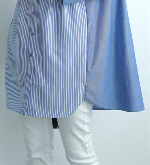 BELLUNA（ベルーナ）の「ストライプ&times;異素材切替シャツチュニック（チュニック）」｜詳細画像