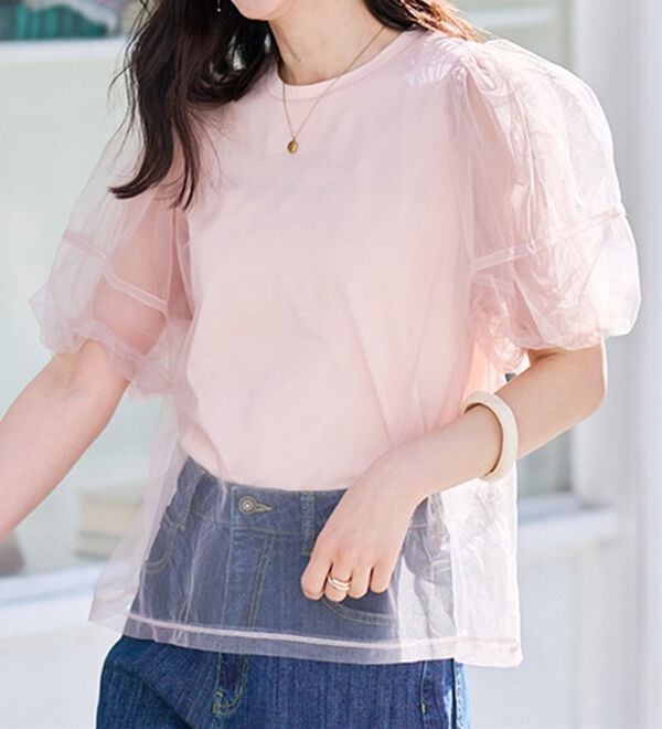 RANAN（ラナン）の「【ひんやり】チュールレイヤードパフスリーブTシャツ（カットソー）」｜詳細画像