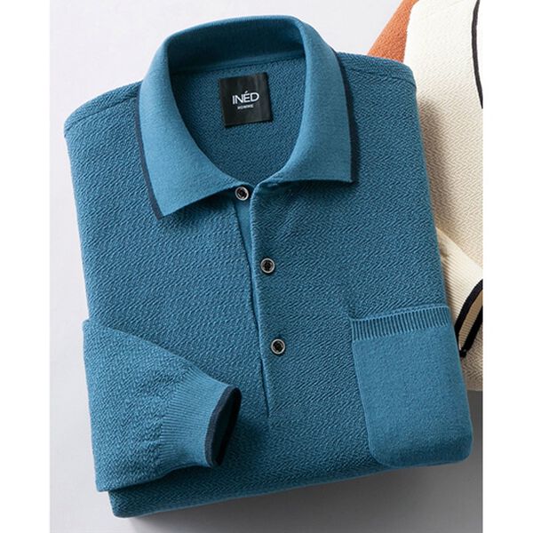 「＜イネド＞裾リブ付き地柄ポロシャツ（メンズニット・セーター）」｜ブルー