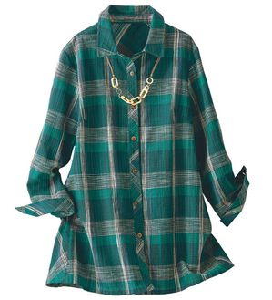 BELLUNA（ベルーナ）の「インド綿先染めチェック柄シャツチュニック（シャツ）」｜グリーン系