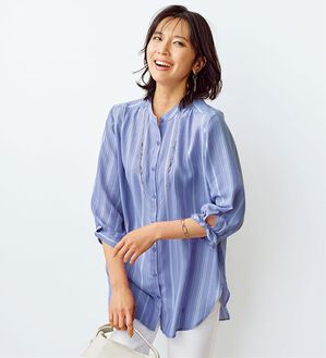 BELLUNA（ベルーナ）の「涼感やわらか袖リボンシャツチュニック（チュニック）」｜ブルー系ストライプ