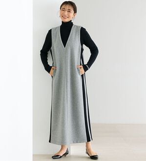 BELLUNA（ベルーナ）の「Ｖネック配色ライン使いジャンパースカート（ロングワンピース）」｜杢グレー