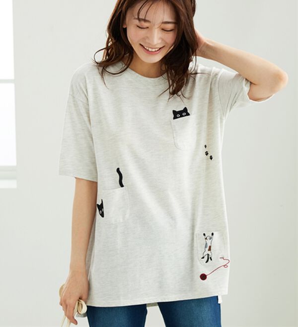 BELLUNA（ベルーナ）の「ネコ刺しゅうビッグプルオーバー（カットソー）」｜詳細画像