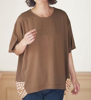 BELLUNA（ベルーナ）の「異素材チュニック（カットソー）」｜ブラウン／チェック
