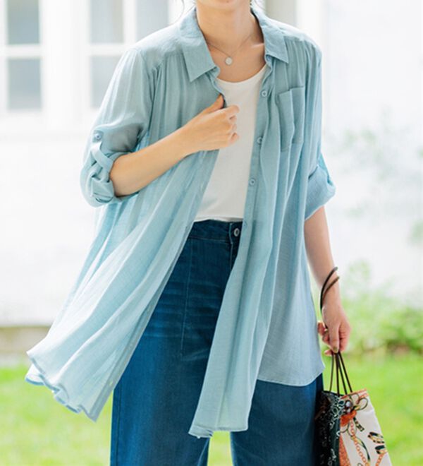 BELLUNA（ベルーナ）の「スラブ素材ドレープシャツチュニック（チュニック）」｜詳細画像