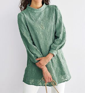 BELLUNA（ベルーナ）の「【一枚でエレガント！】ふんわり総レーススタンド衿チュニック（チュニック）」｜ミントグリーン