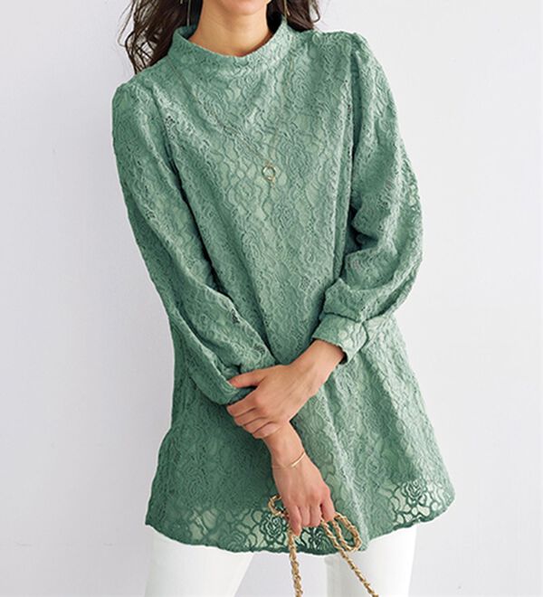 BELLUNA（ベルーナ）の「【一枚でエレガント！】ふんわり総レーススタンド衿チュニック（チュニック）」｜ミントグリーン